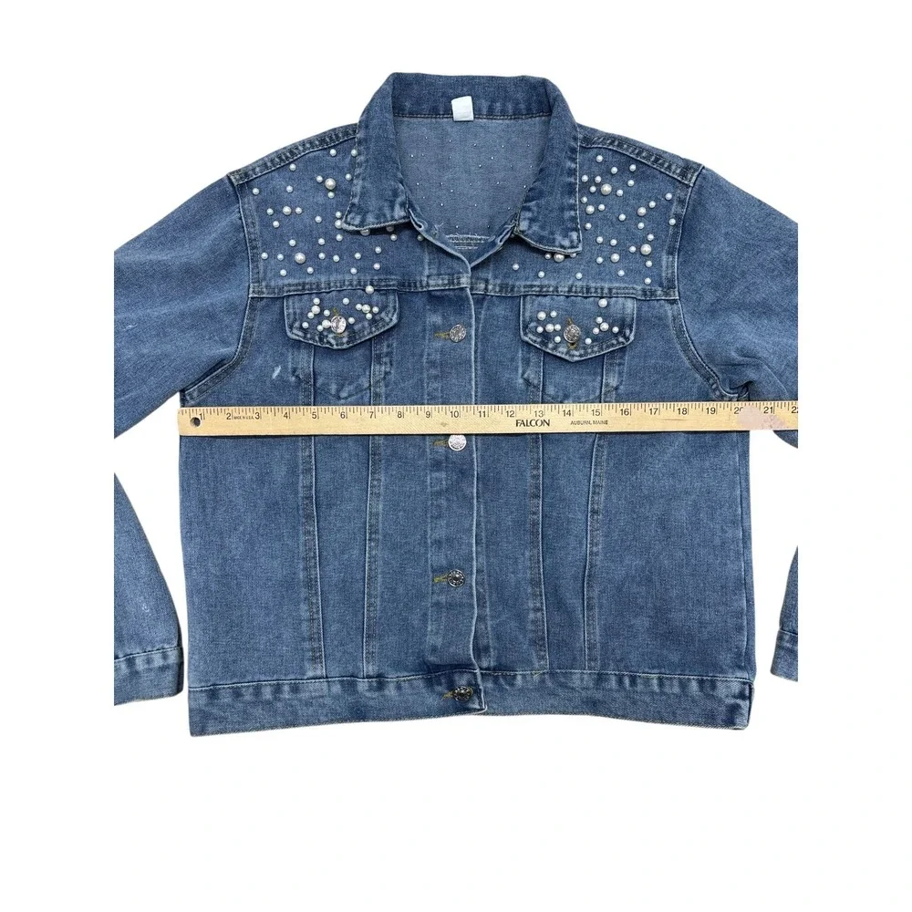 Bride Women's Denim Blue Jean Jacket With Pearls Wedding Bachelorette Sz XLarge - Picture 9 of 9